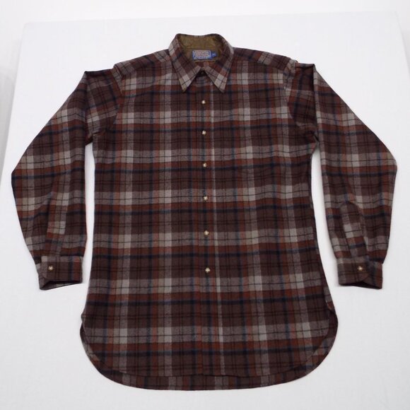 Vintage Pendleton Pure Wool Brown Plaid Shirt USA Size Large Long - Picture 1 of 12